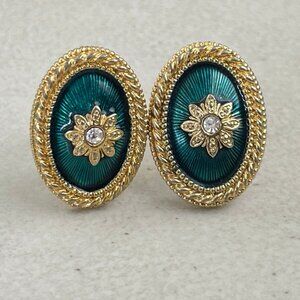 Vintage Earrings Green Gold Color Clip On : Oval Fancy Special Occasion Earrings